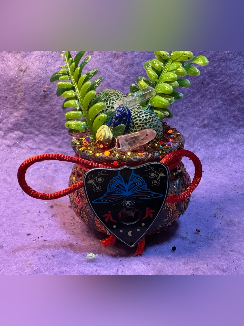 Handcrafted Mini cauldron with faux kiwi/leave plants & Ouija planchette.